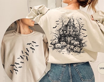 Haunted House Halloween Bat Sweatshirt,Halloween Bat Shirt,Halloween Sweatshirt,Halloween Gift,Spooky Season,Halloween Horror Sweatshirt
