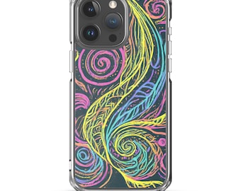 May include: Clear phone case with a colorful, abstract design. The design features swirling patterns and a central feather-like shape in shades of yellow, pink, blue, and green on a dark background. The case is designed to fit a smartphone.
