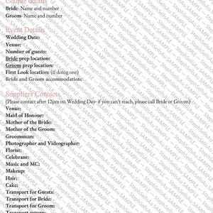 May include: A wedding details sheet with headings for couple details, event details, and supplier contacts. The document includes spaces for names, dates, and contact information, with a watermark of the business name.