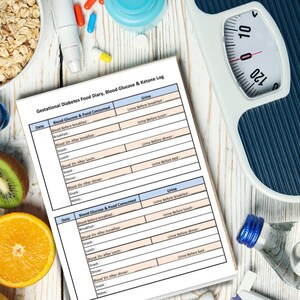 Afdrukbaar voedingsdagboek voor zwangerschapsdiabetes, bloedglucose- en ketonenlogboek / grafiek