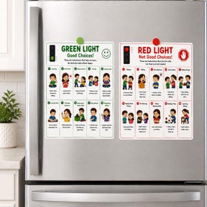 May include: Two rectangular magnetic charts titled Green Light Good Choices and Red Light Not Good Choices. Each chart features ten numbered illustrations of children demonstrating positive or negative behaviors with descriptive text captions.