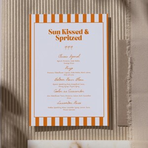 Sun Kissed and Spritzed Anpassbares Aperol Spritz-Menü - süßes, sommerliches Cocktailbar-Menü, Getränkekarte (digitaler Download)