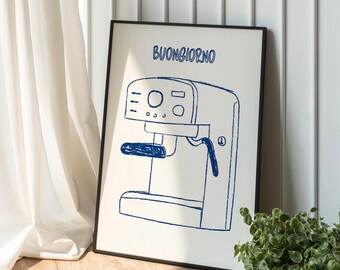 Buongiorno Coffee Poster - simpatico poster con macchina per il caffè blu (download digitale)