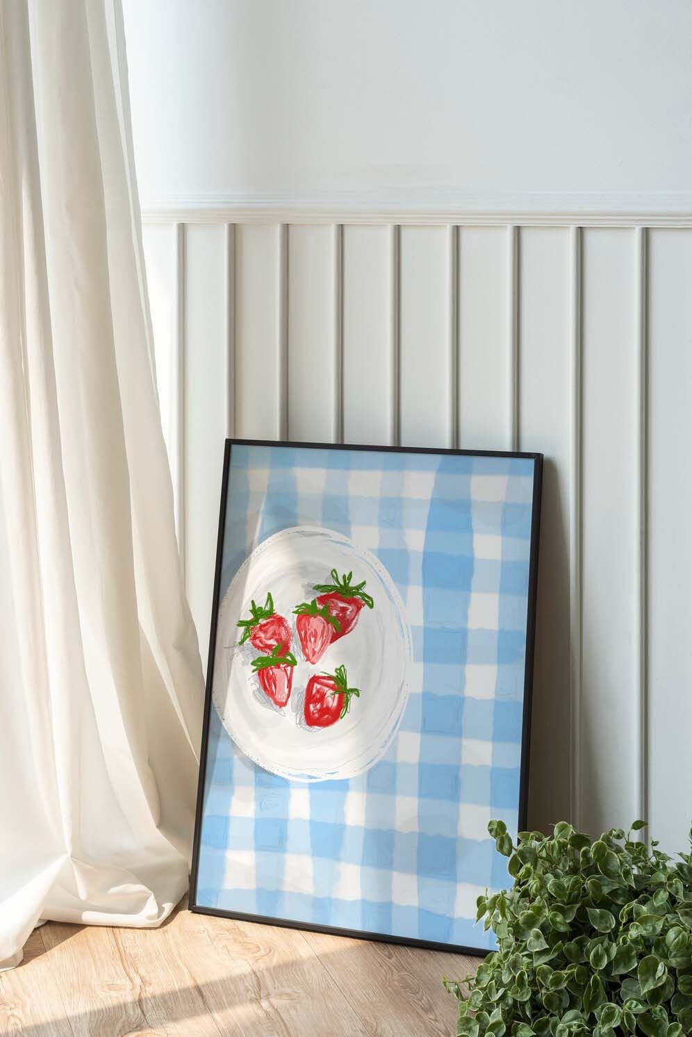 Strawberry Picnic Wall Art, blue checkered table & strawberries, plate of strawberries, fruit art, light watercolor print (digital download)