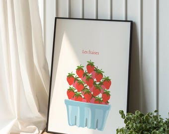 Strawberry Poster, Les fraises affiche (digital download) - cute and trendy strawberry picnic wall art, french berry poster, delicate print
