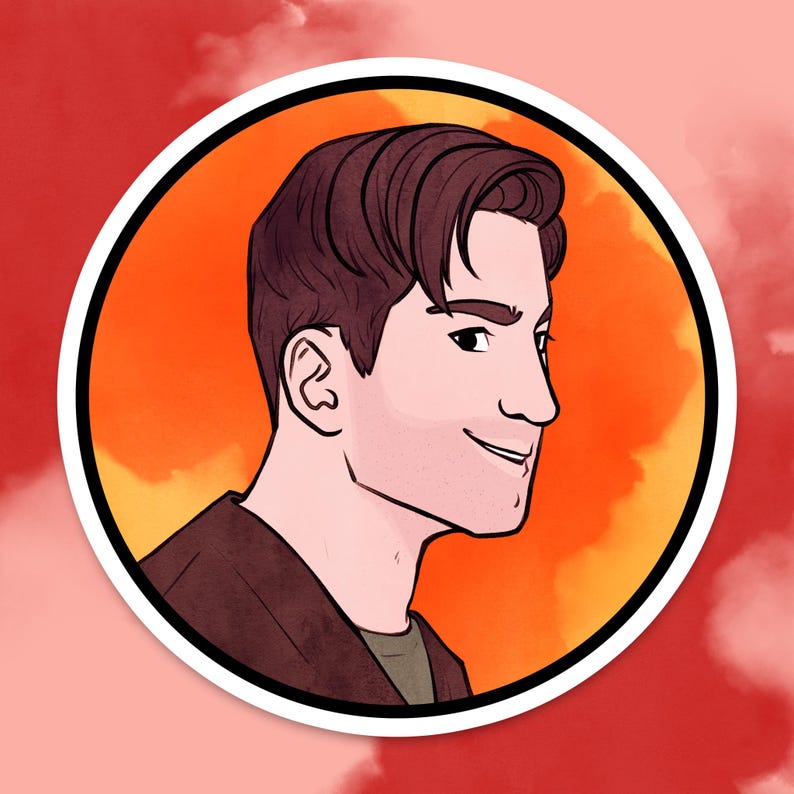 May include: A sticker featuring a cartoon illustration of a man in profile. The man has dark brown hair and is wearing a brown jacket over a green shirt. The sticker is round with a white border and an orange background.