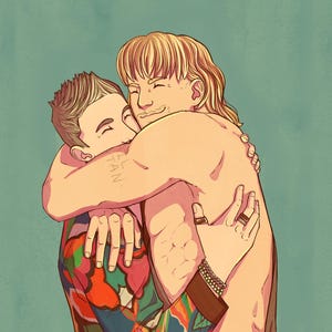 May include: Digital illustration of two people embracing. One person is wearing a colorful patterned shirt, while the other is shirtless. The background is a solid teal color. The illustration has a warm, inviting tone.