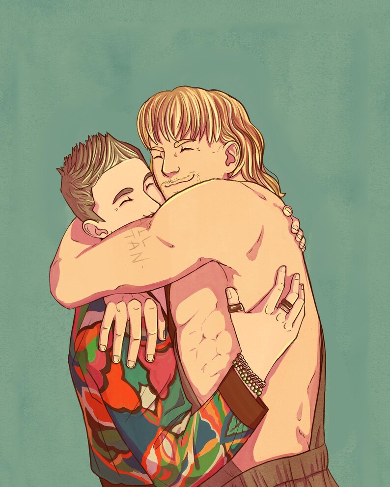 May include: Digital illustration of two people embracing. One person is wearing a colorful patterned shirt, while the other is shirtless. The background is a solid teal color. The illustration has a warm, inviting tone.