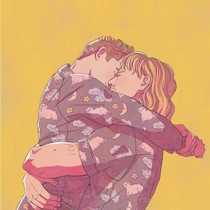 May include: Illustration of two people embracing, wearing matching pajamas with a sheep, cloud, moon, and star pattern. The pajamas are a muted purple color. The background is a solid yellow.