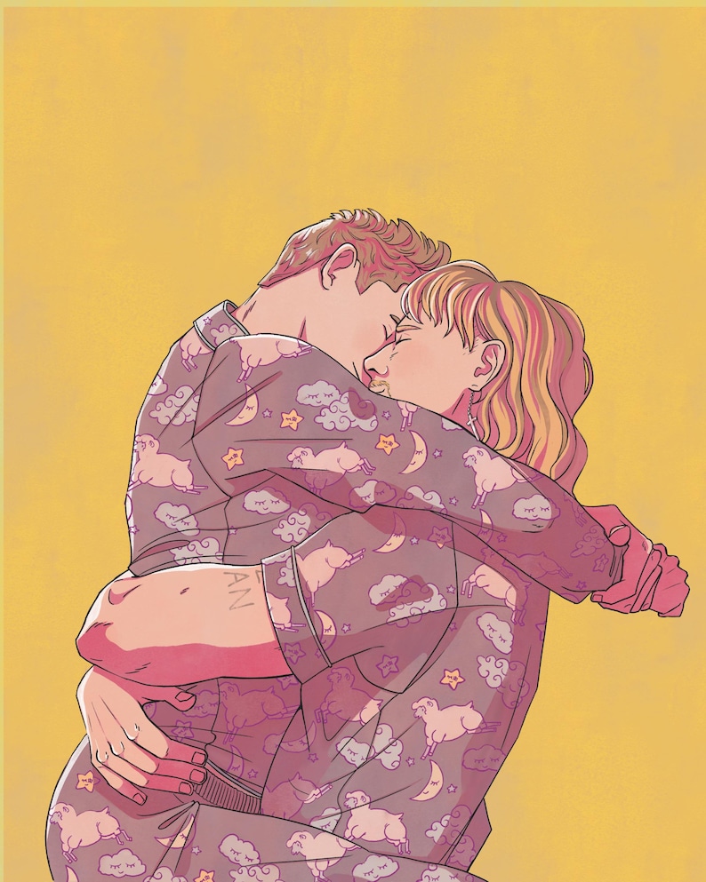 May include: Illustration of two people embracing, wearing matching pajamas with a sheep, cloud, moon, and star pattern. The pajamas are a muted purple color. The background is a solid yellow.