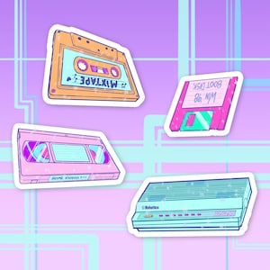 Old Technology Vaporwave Holographic Stickers - Modem, Cassette, Floppy Disk & VHS Tape Die Cut Decals
