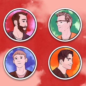 May include: Four circular stickers with portraits of men. Each portrait is set against a different coloured background: pink, green, blue, and orange. The men have various hairstyles and facial hair, and are outlined in white.