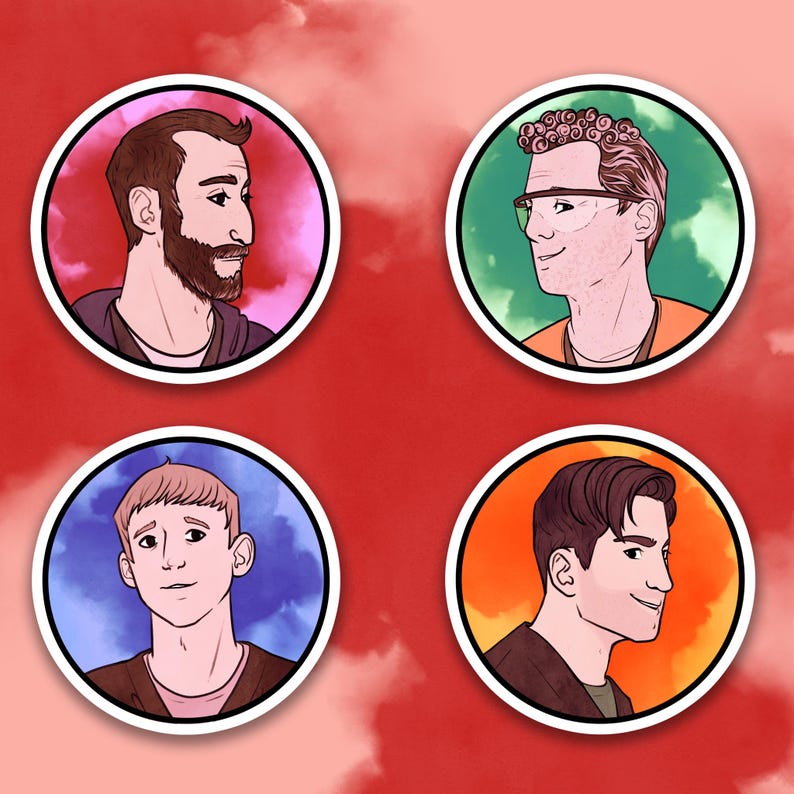 May include: Four circular stickers featuring stylized portraits of men. Each portrait is set against a different colored background: pink, green, blue, and orange. The men have various hairstyles and facial hair, and are outlined in white.