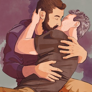 May include: Illustration of two people embracing and kissing. One person wears a dark purple long-sleeve shirt, the other a brown t-shirt and tan pants. The background is a muted purple.