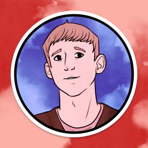 May include: A round sticker featuring a cartoon illustration of a person with short brown hair, brown eyes, and a slight smile. The person is wearing a brown shirt with a pink undershirt. The background is a blue sky with white clouds, set against a red and pink gradient.
