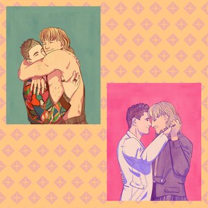May include: Two illustrations of embracing figures. One shows a shirtless person hugging another wearing a colorful patterned shirt. The second depicts two figures in formal attire, holding hands and gazing at each other, set against a pink background.