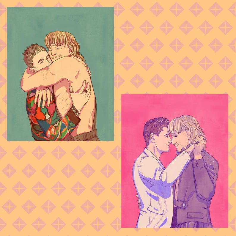 May include: Two illustrations of embracing figures. One shows a shirtless person hugging another wearing a colorful patterned shirt. The second depicts two figures in formal attire, holding hands and gazing at each other, set against a pink background.