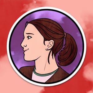 May include: A sticker featuring a side profile of a person with brown hair pulled back in a ponytail. The person is wearing a brown jacket over a pink shirt with a green collar. The background is purple with a white border and a red and white cloudy background.
