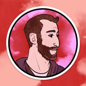May include: A round sticker featuring a side profile illustration of a man with brown hair and a beard. The man is wearing a dark shirt, set against a pink and red cloudy background, and framed by a white border.