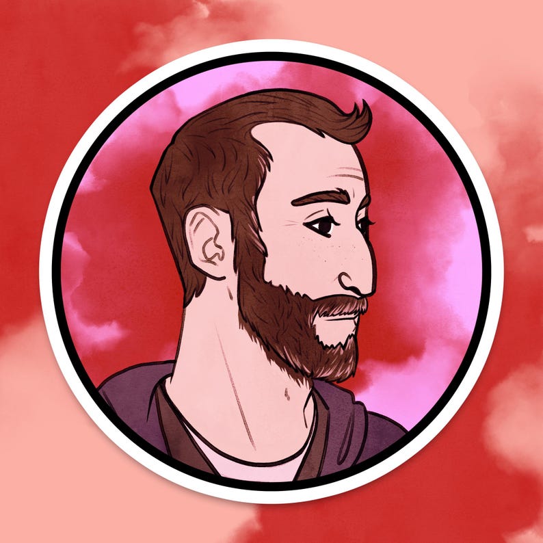 May include: A round sticker featuring a side profile illustration of a man with brown hair and a beard. The man is wearing a dark shirt, set against a pink and red cloudy background, and framed by a white border.