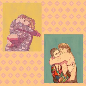 May include: Two illustrations of embracing couples. One couple is in pajamas with a light purple and white pattern. The other couple is embracing, with one person wearing a colorful patterned shirt.