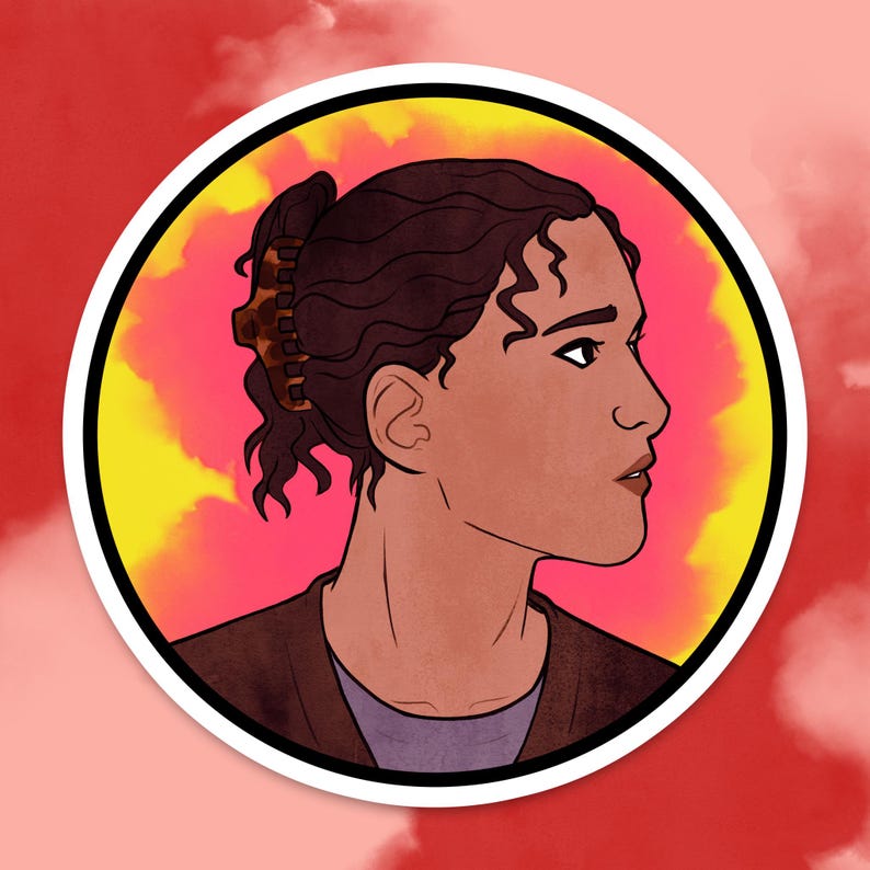 May include: A sticker featuring a side profile of a person with dark brown curly hair pulled back with a brown hair clip. The person is wearing a brown jacket over a purple shirt. The background is a gradient of pink, yellow, and red.