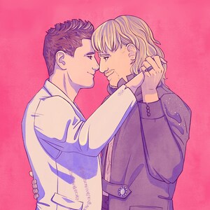 May include: Illustration of two people in formal attire, embracing and looking at each other. One person wears a white suit, the other a dark jacket with a decorative brooch. The background is a solid pink color.