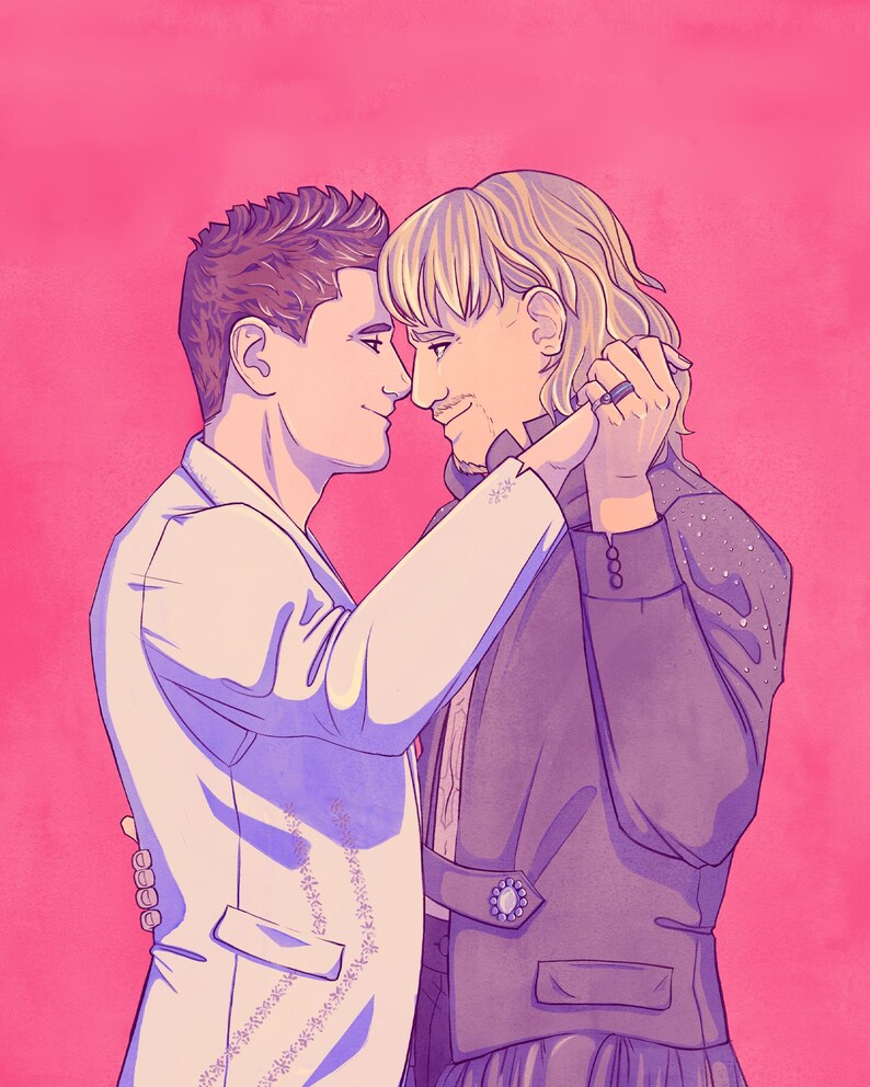 May include: Illustration of two people in formal attire, embracing and looking at each other. One person wears a white suit, the other a dark jacket with a decorative brooch. The background is a solid pink color.