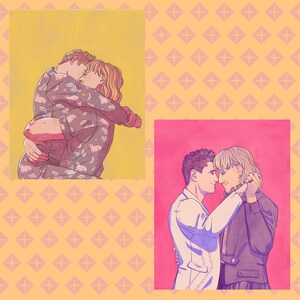 May include: Two illustrations of embracing couples. One shows a couple in pajamas, the other a couple in formal wear. The background is a repeating pattern of orange diamonds on a yellow background.