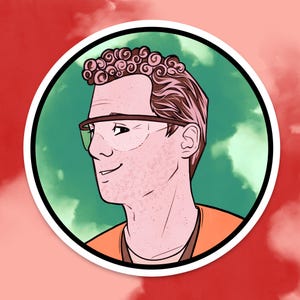 May include: A sticker featuring a cartoon illustration of a person with curly brown hair, glasses, and an orange shirt. The background is green with a cloudy effect, and the sticker is framed by a white border against a red background.