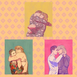 May include: Three illustrations of couples embracing. The top image shows a couple in pajamas, hugging and kissing against a yellow background. The bottom left image depicts a couple hugging, one shirtless, against a teal background. The bottom right image shows a couple in formal wear, embracing against a pink background.