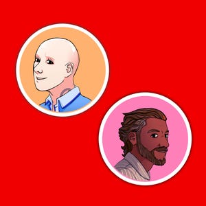May include: Two illustrated portraits of men. The man on the left has a shaved head and is wearing a blue shirt. The man on the right has brown hair and a beard and is wearing a striped shirt.