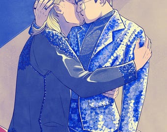 May include: An illustration of two people embracing and kissing. One person wears a blue patterned suit, and the other wears a dark blue jacket. The background is a gradient of blue and beige.