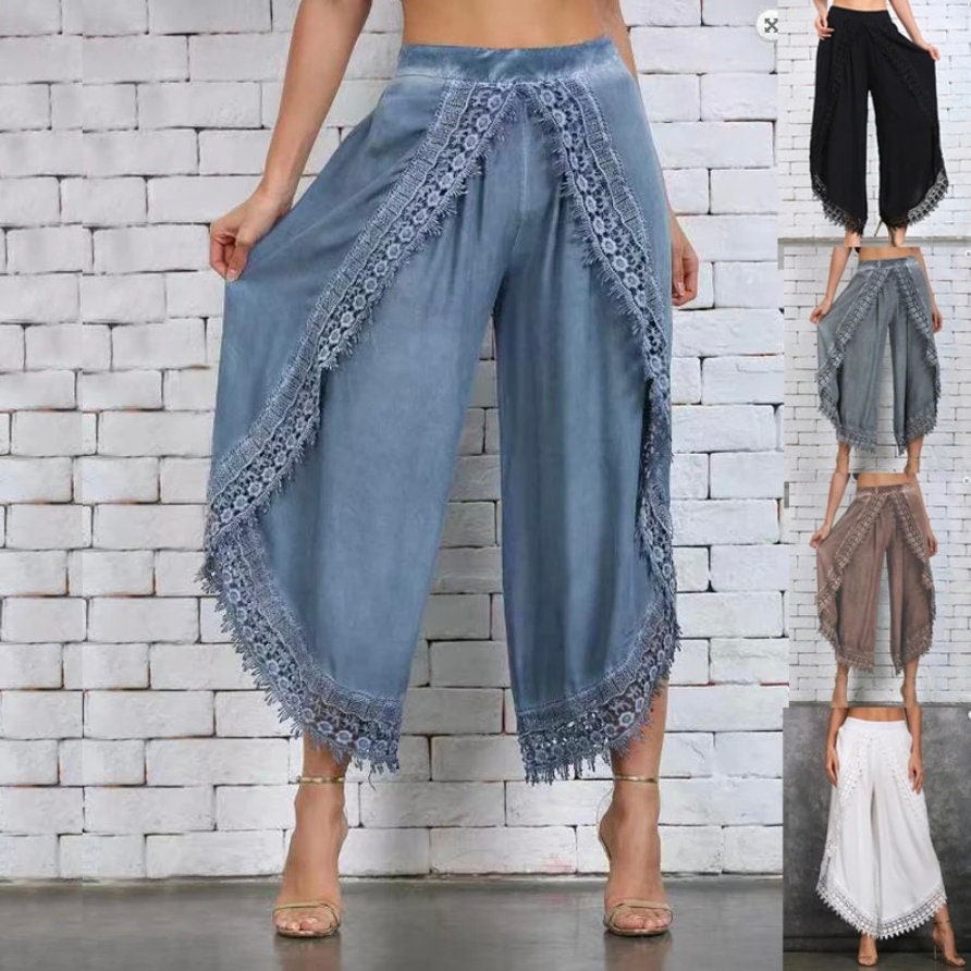 Ladies Retro Linen Lace Trim Harem Pants Bloomers Loose Floral Trousers  Bottom | eBay