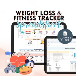 Op de afbeelding: Een digitaal spreadsheet voor gewichtsverlies en fitnesstracking op een tablet, met een Google Sheet-pictogram. De afbeelding bevat een hart, dumbbells en een klok, met de tekst "WEIGHT LOSS & FITNESS TRACKER Spreadsheet".