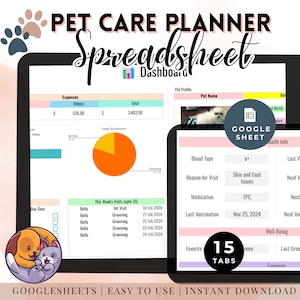 Ultimate Pet Planner Spreadsheet Google Sheets Premium Tracker Digital Printable Organizer Editable Bundle Dog Cat Care Schedule
