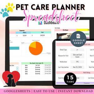 May include: A Google Sheets spreadsheet template for pet care planning. The spreadsheet includes sections for pet profile, expenses, visits breakdown, well-being, and more. The spreadsheet has 15 tabs and is easy to use.