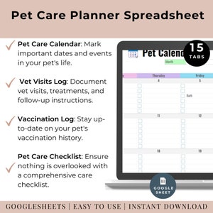 Pet medication schedule and reminders Google Sheets
Animal care planner for multiple pets
Pet diet and nutrition planner Google Sheets
Pet exercise and activity tracker spreadsheet
Comprehensive pet care management spreadsheet