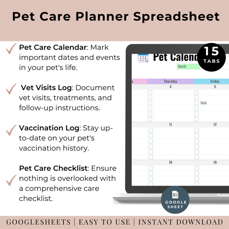 Pet medication schedule and reminders Google Sheets
Animal care planner for multiple pets
Pet diet and nutrition planner Google Sheets
Pet exercise and activity tracker spreadsheet
Comprehensive pet care management spreadsheet