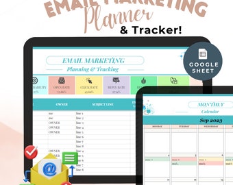 May include: Digital email marketing planner and tracker on a tablet. The screen displays a spreadsheet with sections for planning and tracking email campaigns, including open and click rates. A calendar for September 2023 is also visible.
