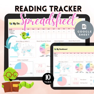 May include: A Google Sheet spreadsheet template for tracking reading progress. The spreadsheet includes a dashboard with charts and graphs to visualise reading data, such as books read by genre, books owned by format, and author's gender. The spreadsheet also includes a world map of authors and a calendar to track reading goals. The spreadsheet has 10 tabs and is designed to help readers track their reading progress and goals.