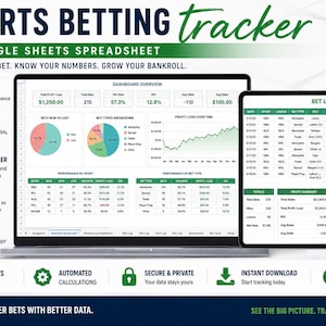 Sports Betting Tracker Google Sheets Spreadsheet Bankroll ROI Dashboard Bet Log Profit Loss Win Rate Units Tracker Instant Download Template