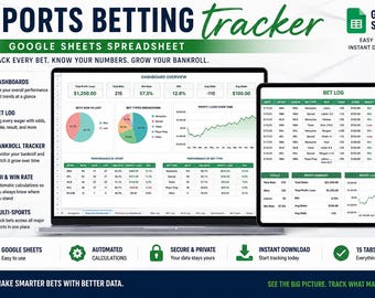 Sports Betting Tracker Google Sheets Spreadsheet Bankroll ROI Dashboard Bet Log Profit Loss Win Rate Units Tracker Instant Download Template