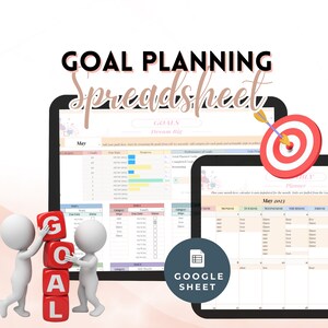 May include: A digital goal planning spreadsheet template for Google Sheets. The spreadsheet includes a calendar, a list of goals, and a progress tracker. The spreadsheet is designed to help users set and achieve their goals.