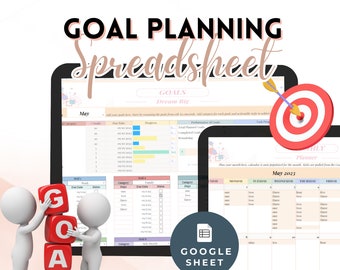 May include: A digital goal planning spreadsheet template for Google Sheets. The spreadsheet includes a calendar, a list of goals, and a progress tracker. The spreadsheet is designed to help users set and achieve their goals.