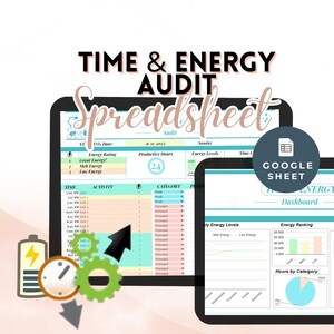 May include: A Google Sheet spreadsheet template for tracking time and energy levels. The spreadsheet includes a daily log for tracking activities, a chart for visualizing energy levels, and a pie chart for visualizing hours spent on different categories. The spreadsheet is designed to help users understand how they spend their time and energy, and to identify areas where they can improve their productivity.