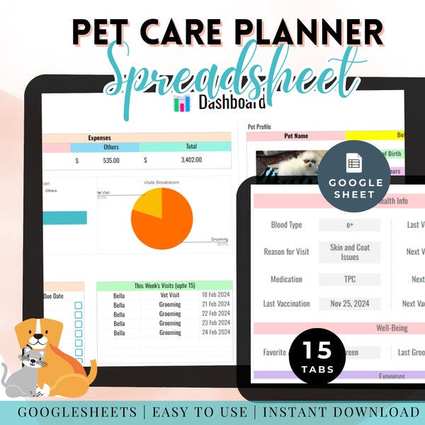 Pet Care Planner Organizer Tracker Checklist Grooming Vet Visits Mediation Expense Budget Spreadsheet Animal Health Dog Cat Turtle Fish