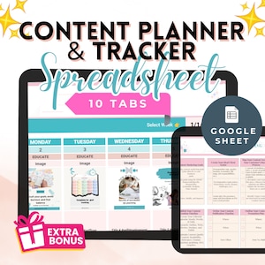 May include: A Google Sheet spreadsheet template for content planning and tracking. The spreadsheet has 10 tabs, including "Educate", "Create Your Ideal Client", and "Map Your Content to Your Customer's Journey". The spreadsheet is designed for use with Google Sheets.