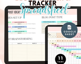 May include: A Google Sheets spreadsheet template for blog planning and tracking. The spreadsheet has 11 tabs and includes sections for blog post ideas, categories, types, main focus, and a calendar for scheduling. The spreadsheet is designed to help bloggers plan and track their content.
