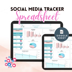 May include: A screenshot of a Google Sheet spreadsheet on a tablet screen. The spreadsheet is a social media tracker dashboard for the month of February. The dashboard includes charts and graphs showing engagement, likes, comments, and shares for different social media platforms, including Facebook, Instagram, Twitter, and LinkedIn.